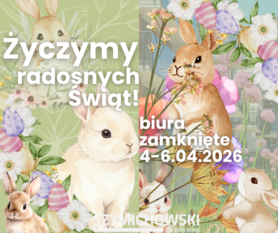 karta świąteczna z życzeniami wielkanocnymi z króliczkami i kwiatami